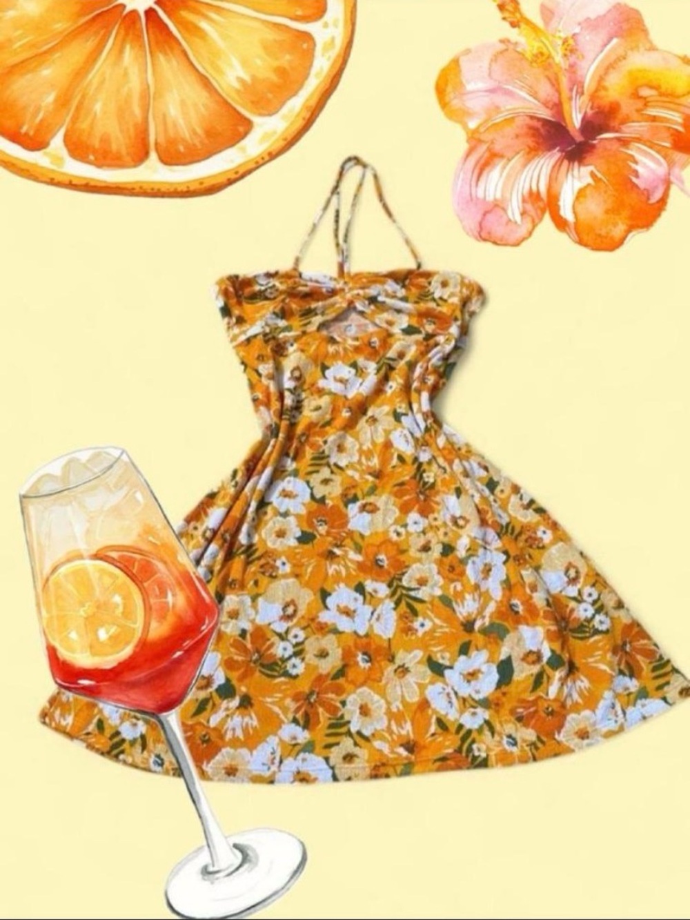 Divided Yellow,Orange & White Floral Halter neck  Dress
